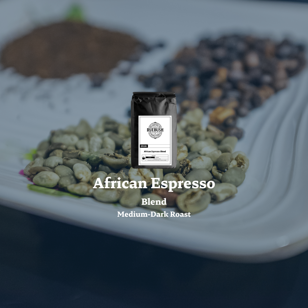 Coffee bag labeled African Espresso Blend with coffee beans on a blurred background