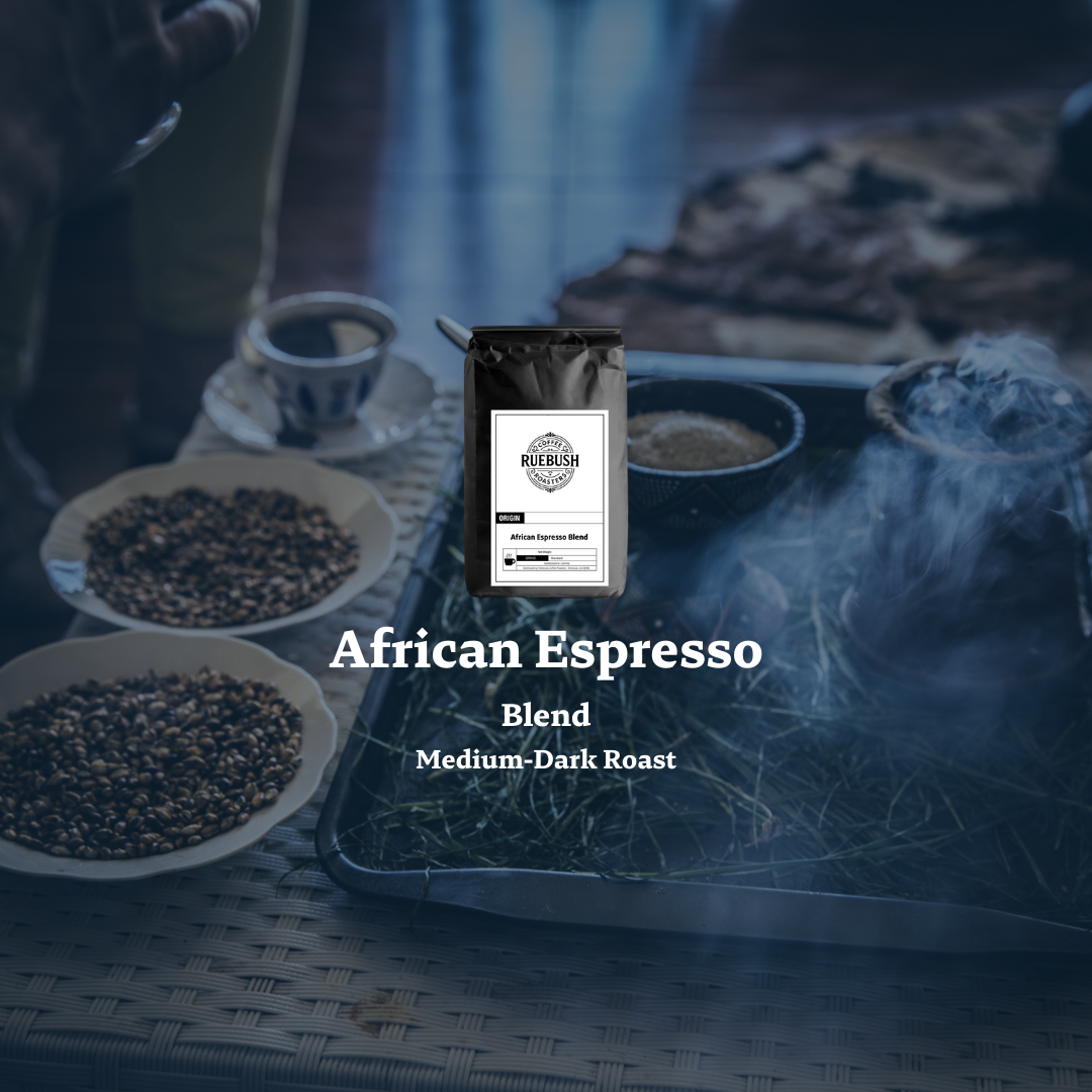 Packaging of African Espresso Blend with coffee beans on a tray