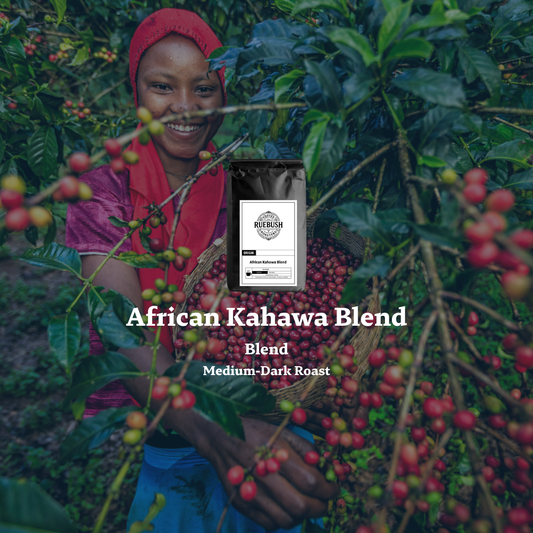 Farmer harvesting ripe coffee cherries for African Kahawa Blend by Ruebush Coffee Roasters