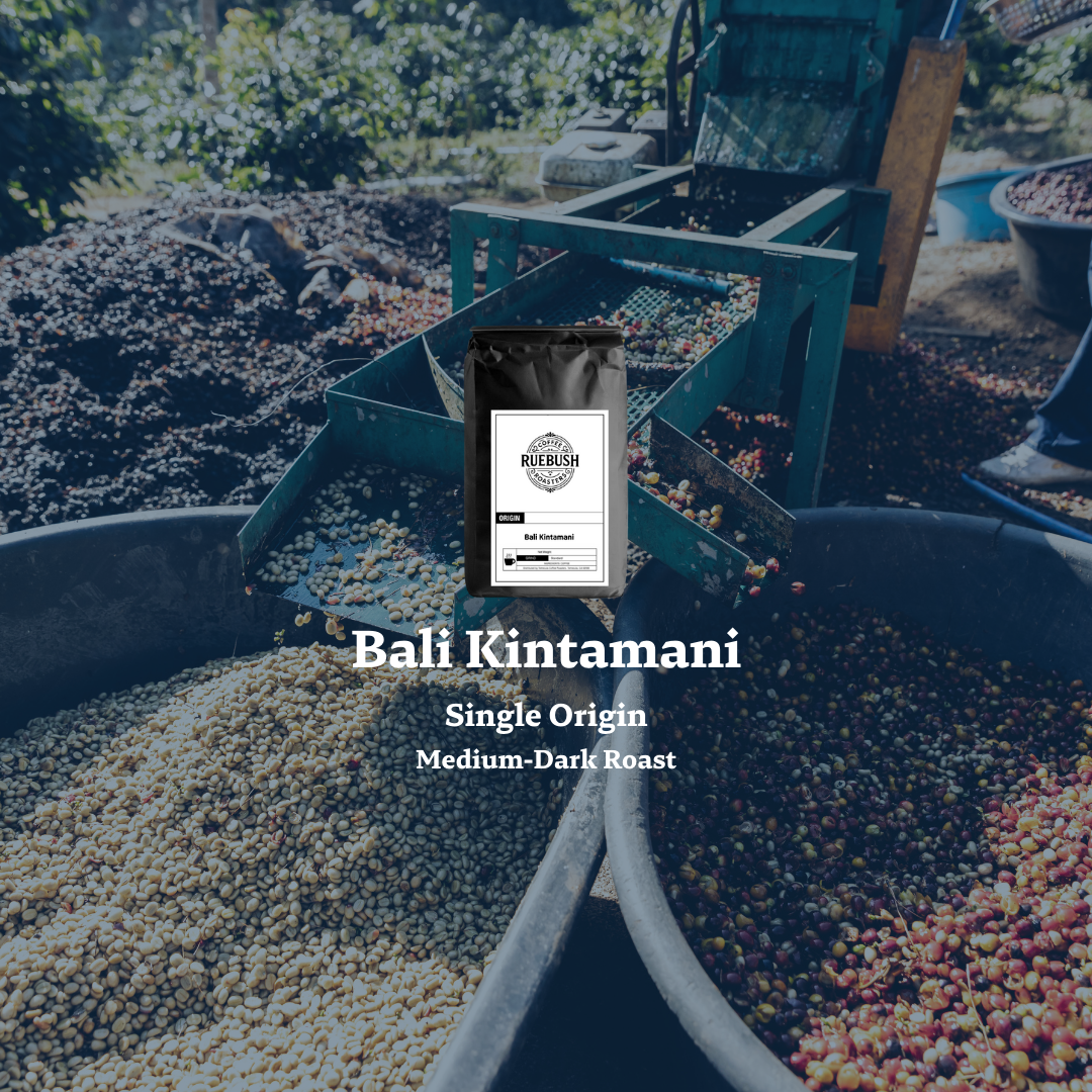 Coffee beans being processed in Bali with Bali Kintamani branding and text indicating Single Origin and Medium-Dark roast