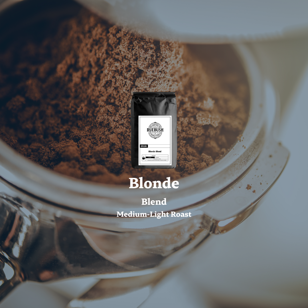 Coffee grinder with a coffee bag labeled Blonde Blend and Medium-Light Roast in the background
