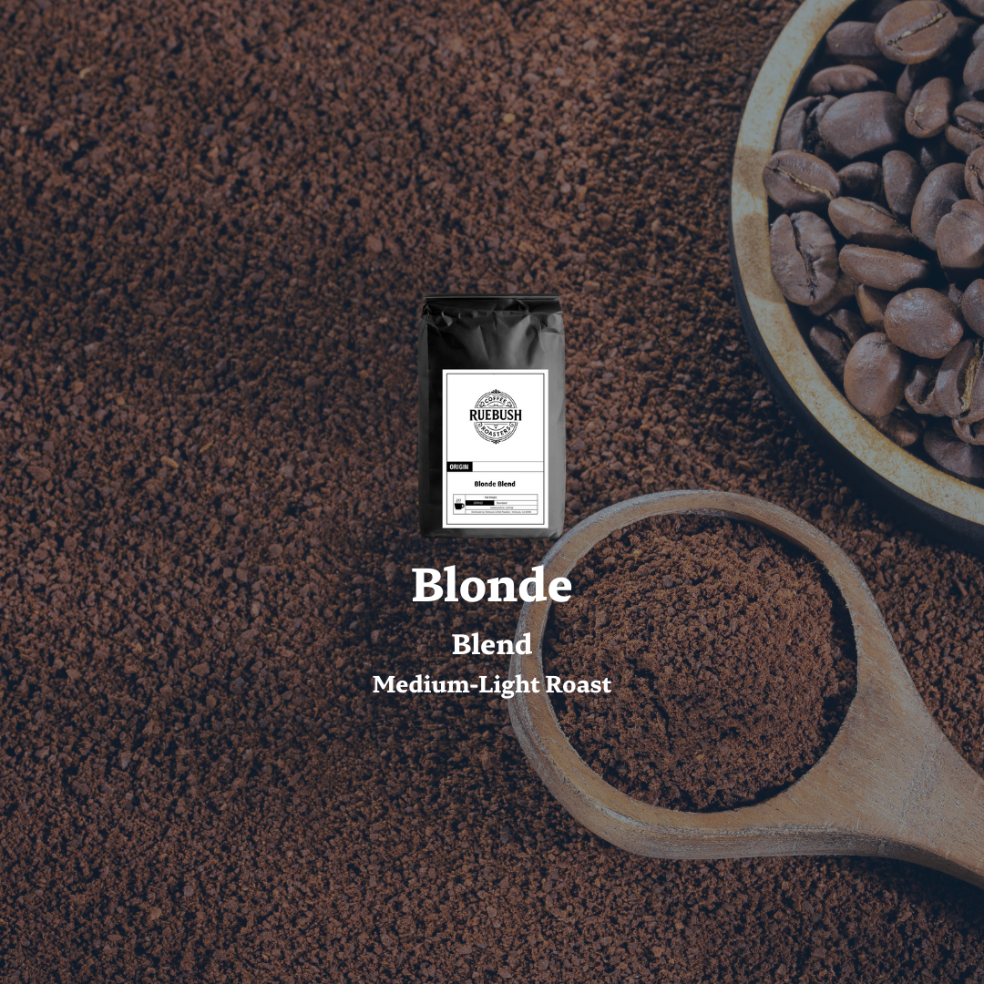 Coffee package labeled Blonde Blend with coffee beans and grounds on a dark brown background