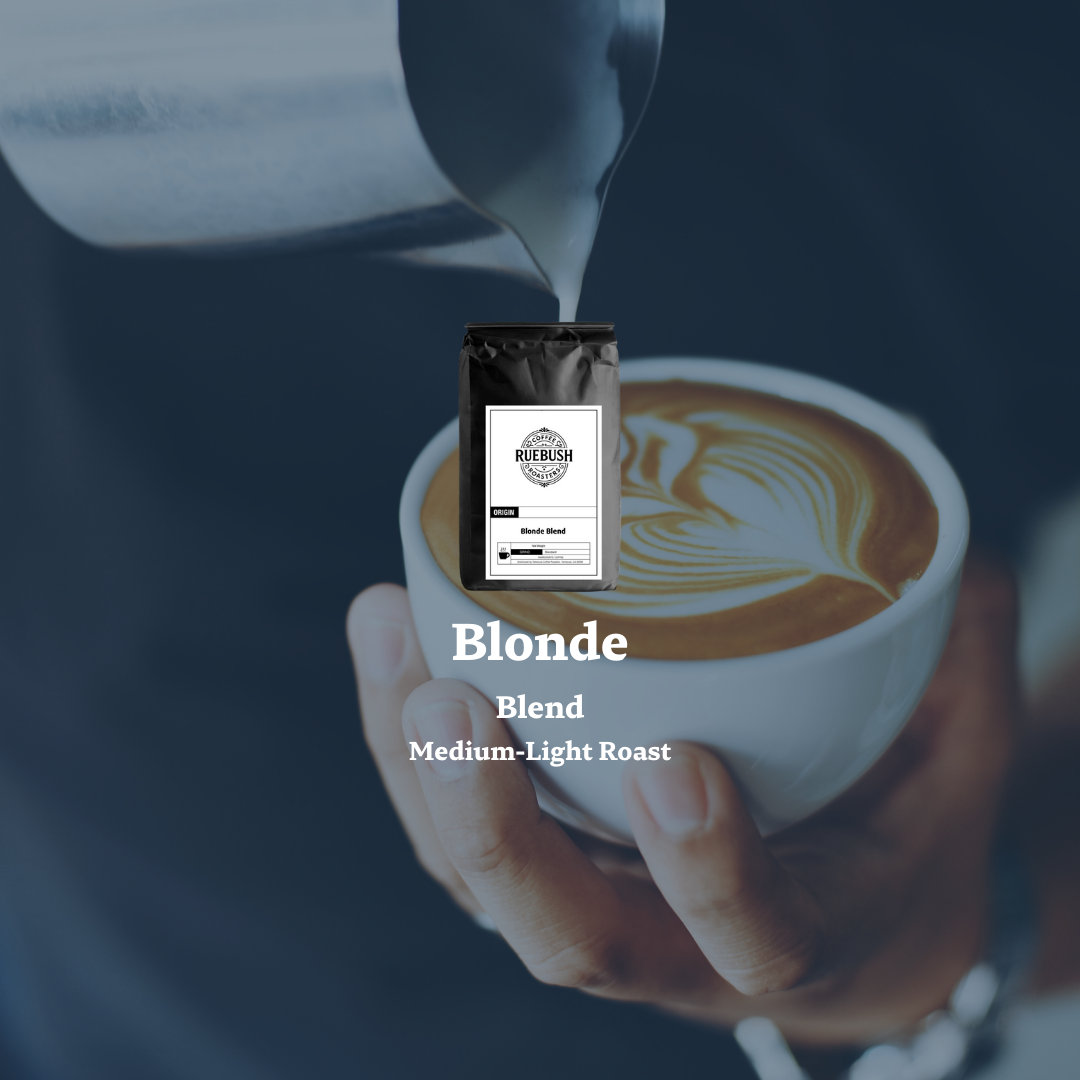 Coffee being poured into a cup with a coffee bag labeled Blonde Blend on top