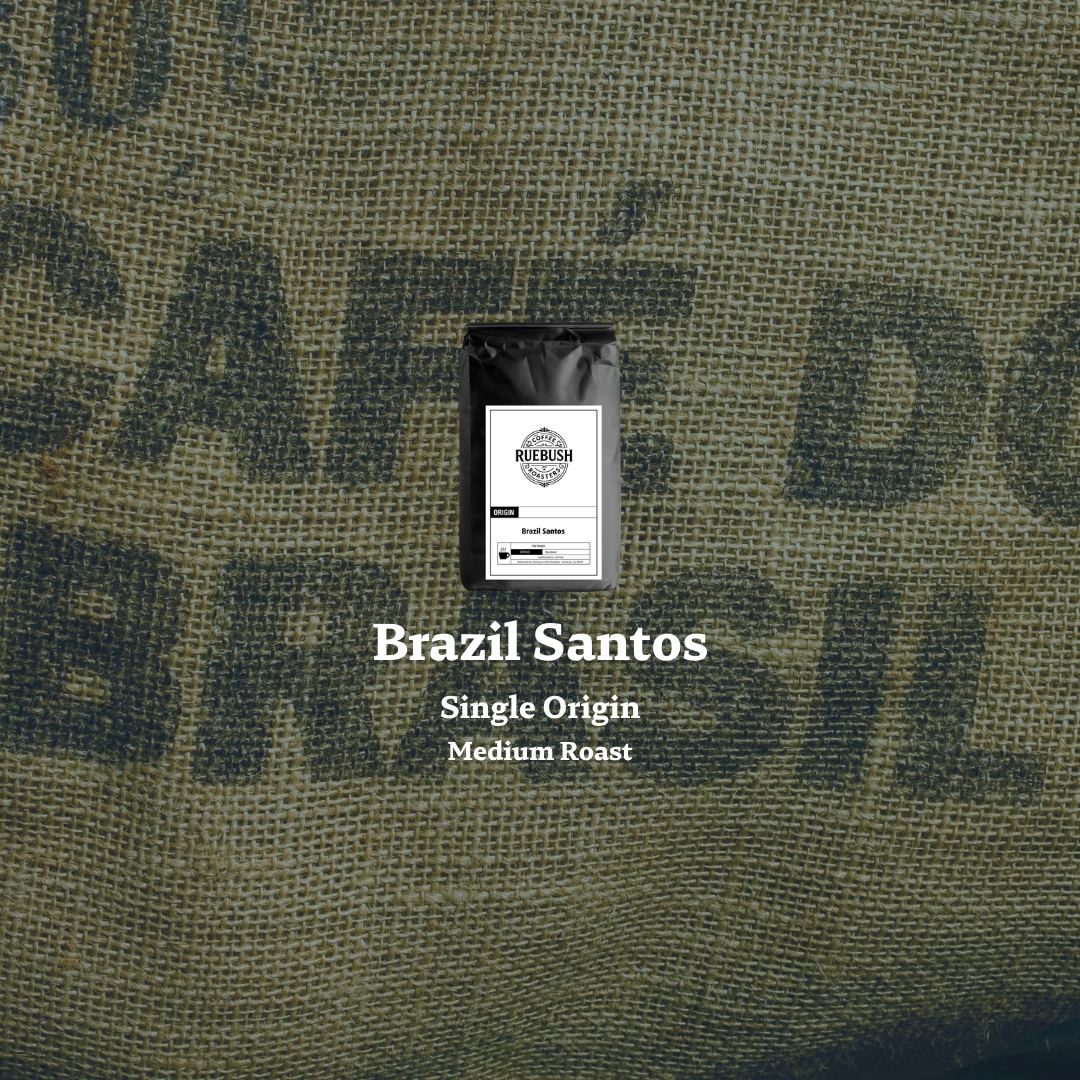 Cafe Brasil on a green coffee bag with text indicating Brazil Santos Single Origin Medium Roast