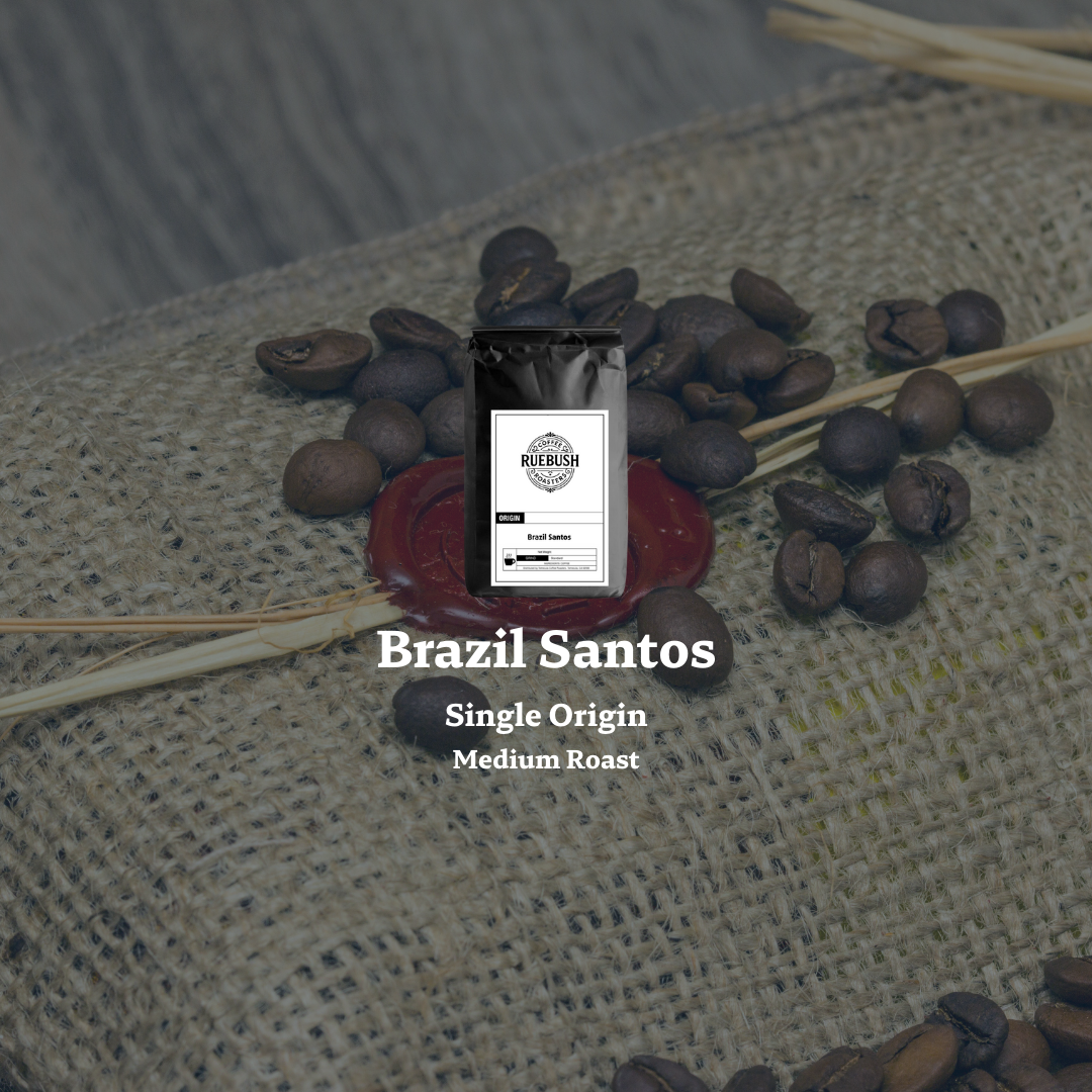 Brazilian Coffee beans on a burlap surface with Brazil Santos Single Origin Medium Roast label