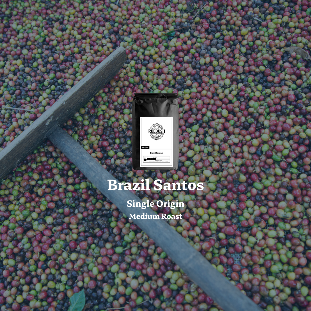 Coffee beans with Brazil Santos Single Origin Medium Roast text overlay on a dark background