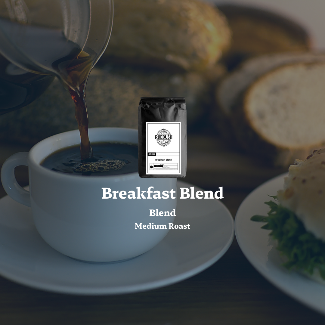 Coffee being poured into a cup with a Ruebush Coffee package labeled Breakfast Blend Medium Roast in the foreground.