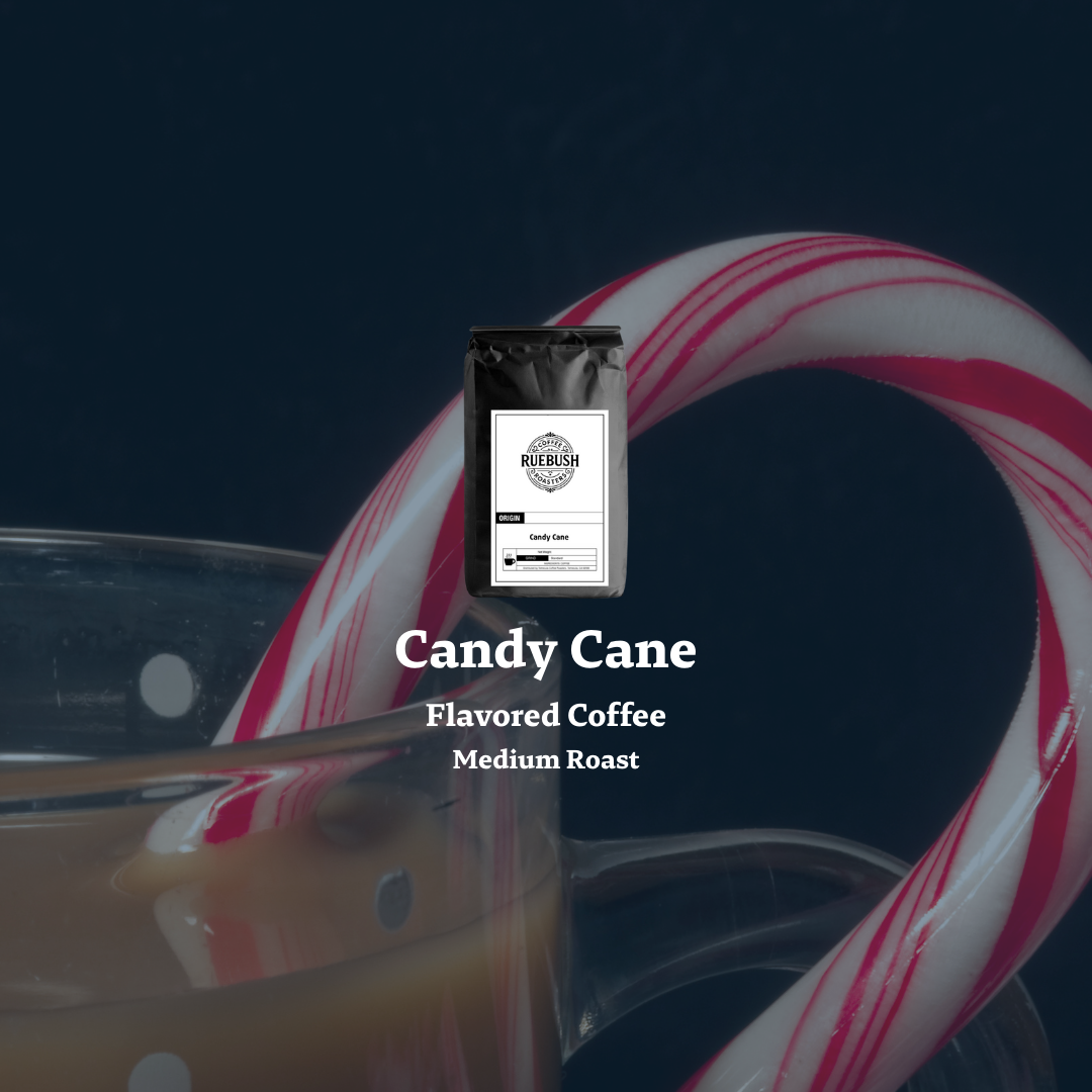 Candy Cane Flavored Coffee package with a candy cane in a cup of coffee on a dark background