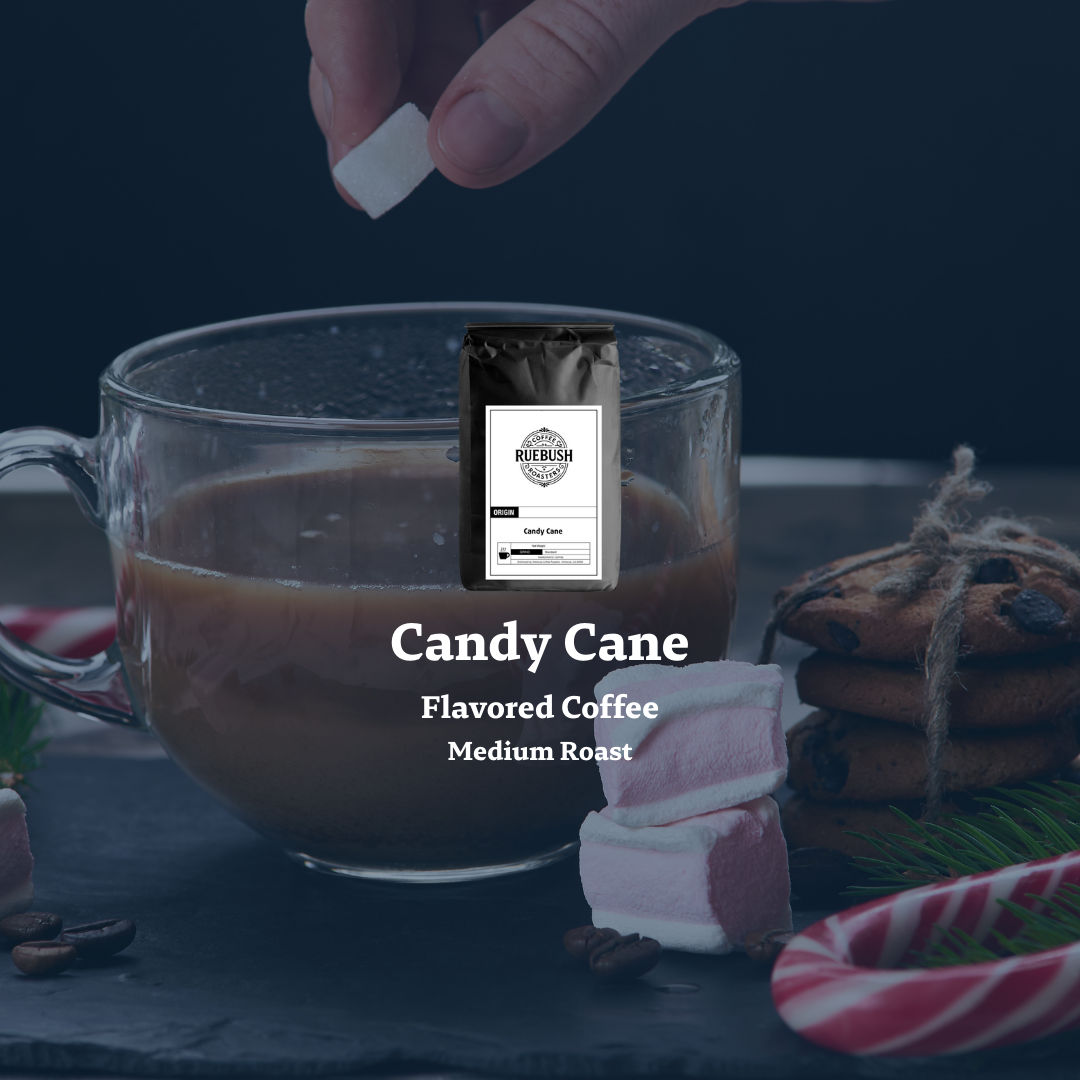 Candy Cane Flavored Coffee package with a glass mug of coffee and candy canes on a dark background