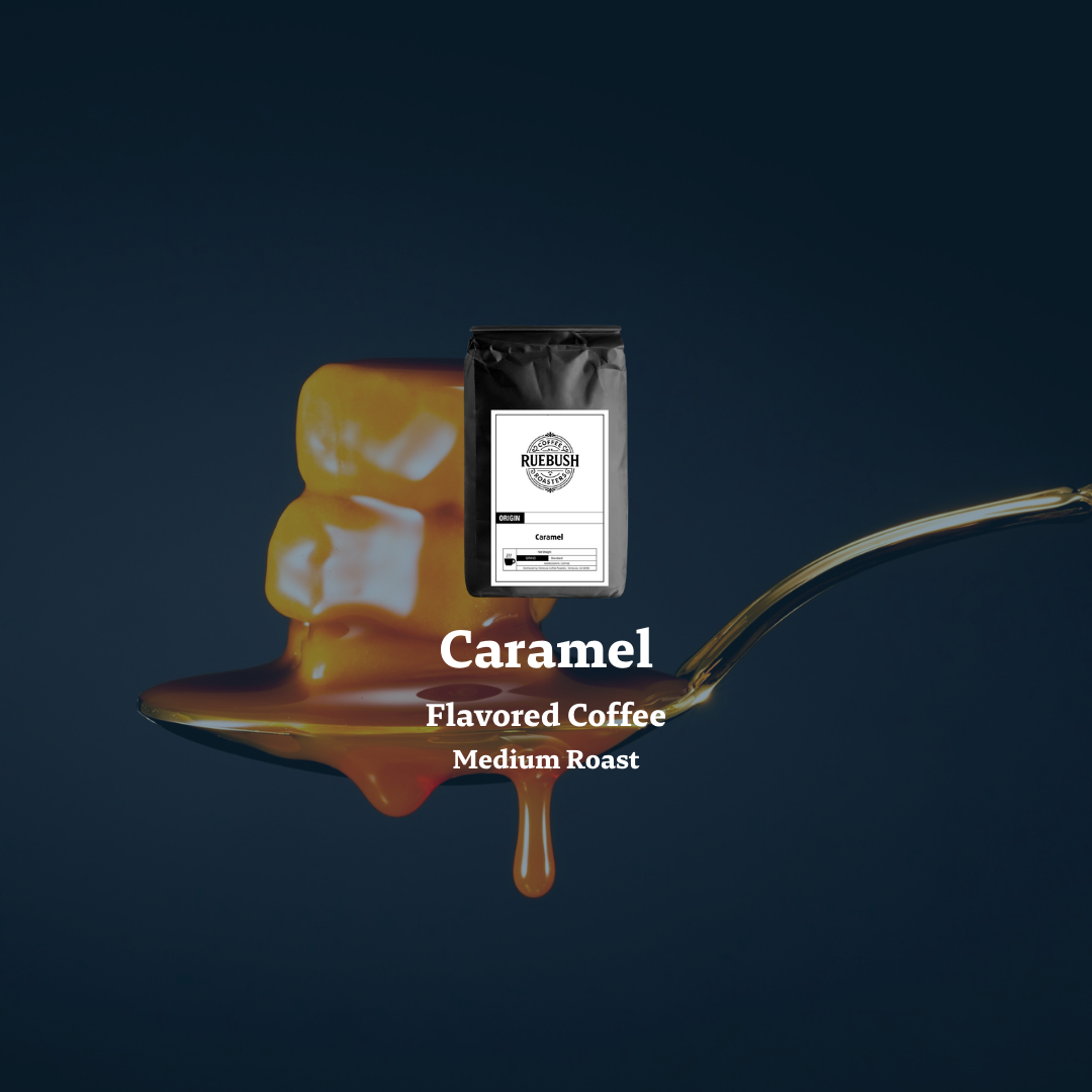 Caramel flavored coffee package on a spoon with caramel sauce, against a dark background