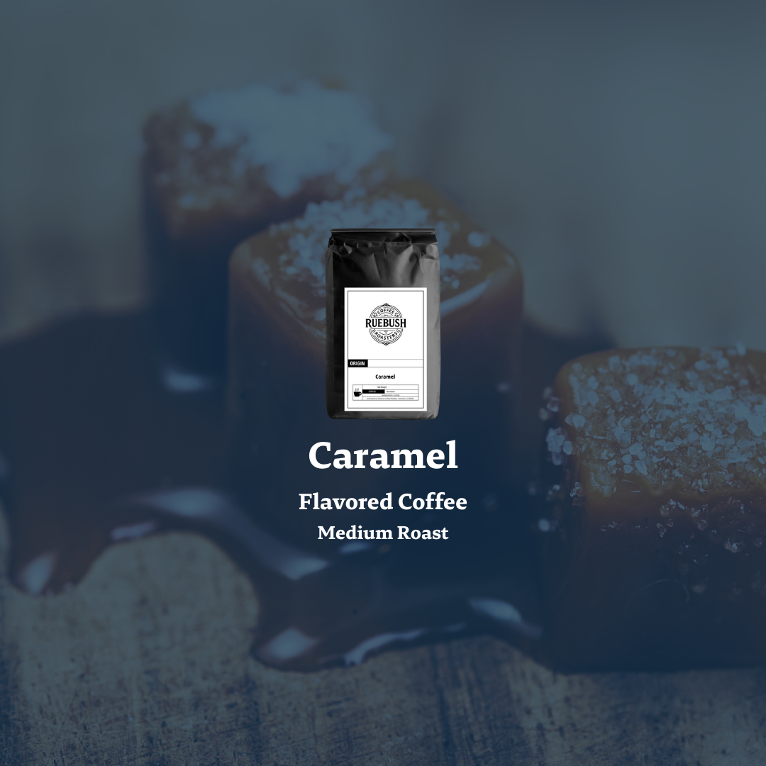 Caramel flavored coffee package with a blurred caramel dessert in the background
