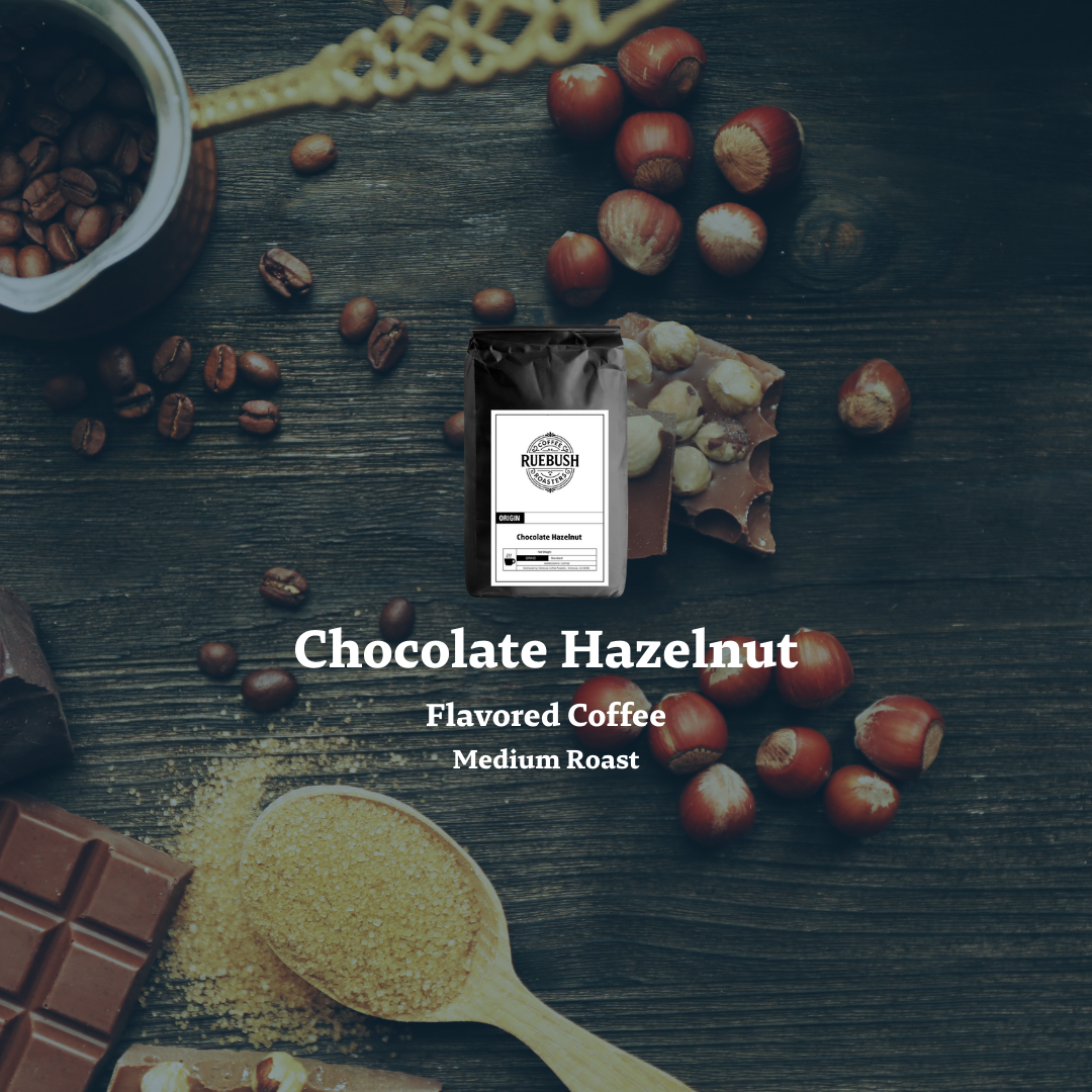 Chocolate Hazelnut flavored coffee packaging with coffee beans, hazelnuts, and chocolate on a wooden surface