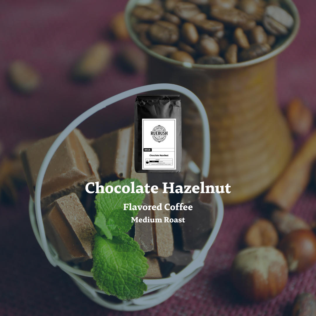 Chocolate Hazelnut Flavored Coffee package with coffee beans and chocolate pieces on a dark background