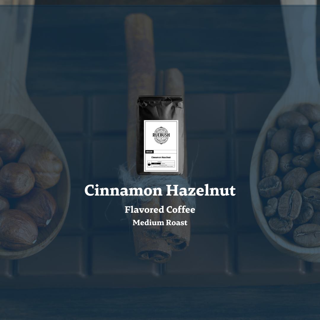 Cinnamon Hazelnut flavored coffee package with coffee beans and cinnamon sticks on a dark background