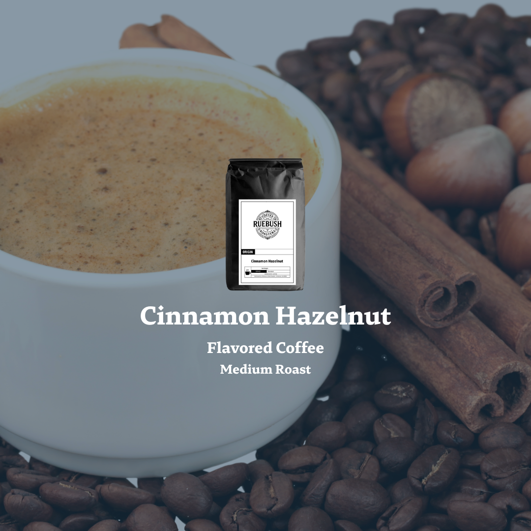 Cinnamon Hazelnut flavored coffee package with a cup of coffee, coffee beans, and cinnamon sticks on a light blue background