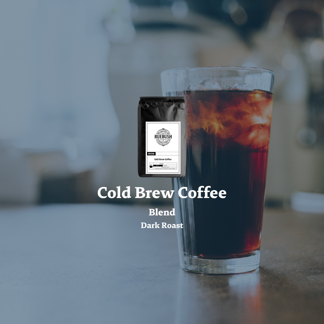 Cold brew coffee blend package with a glass of iced coffee on a blurred background