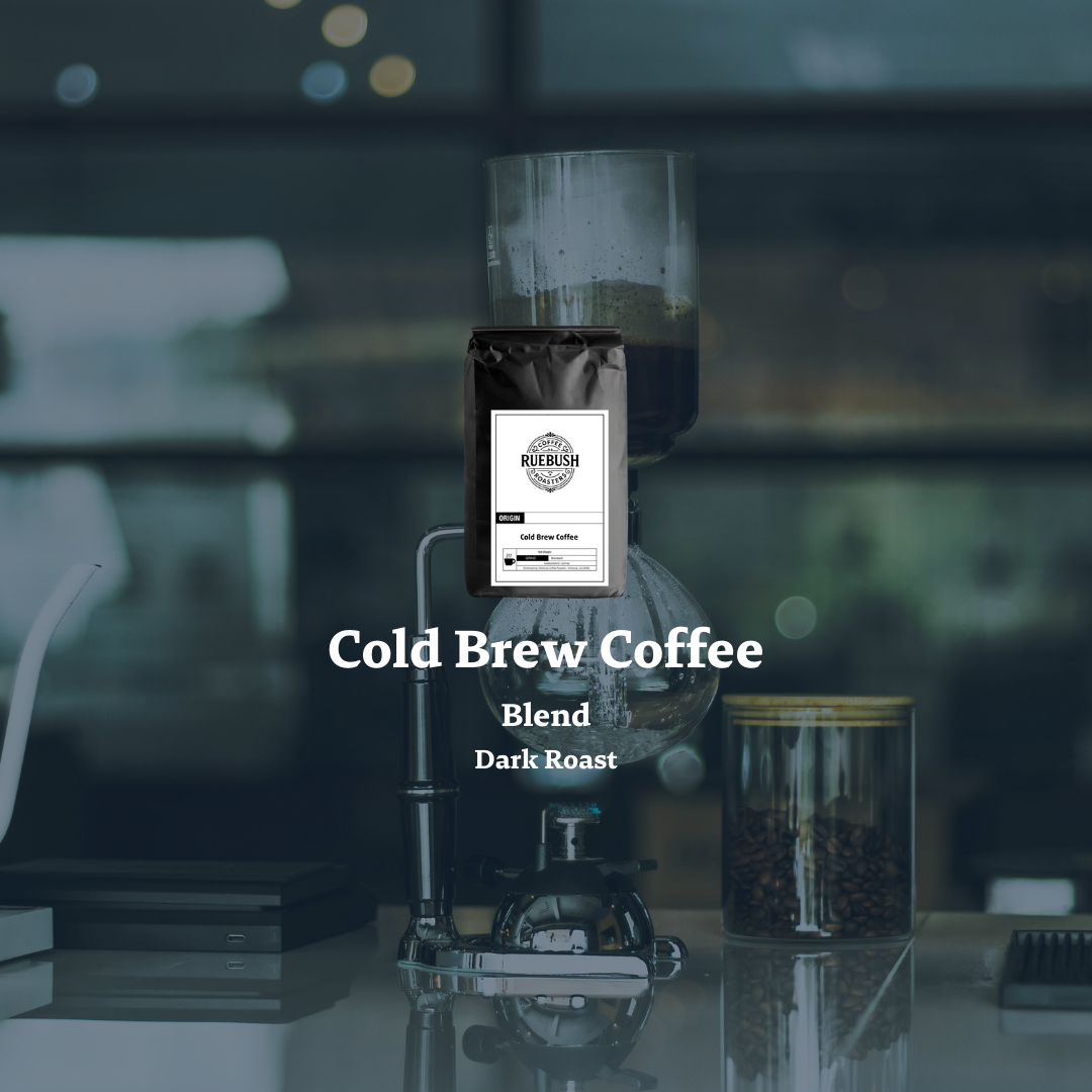 Cold brew coffee blend bag with a blurred coffee-making setup in the background