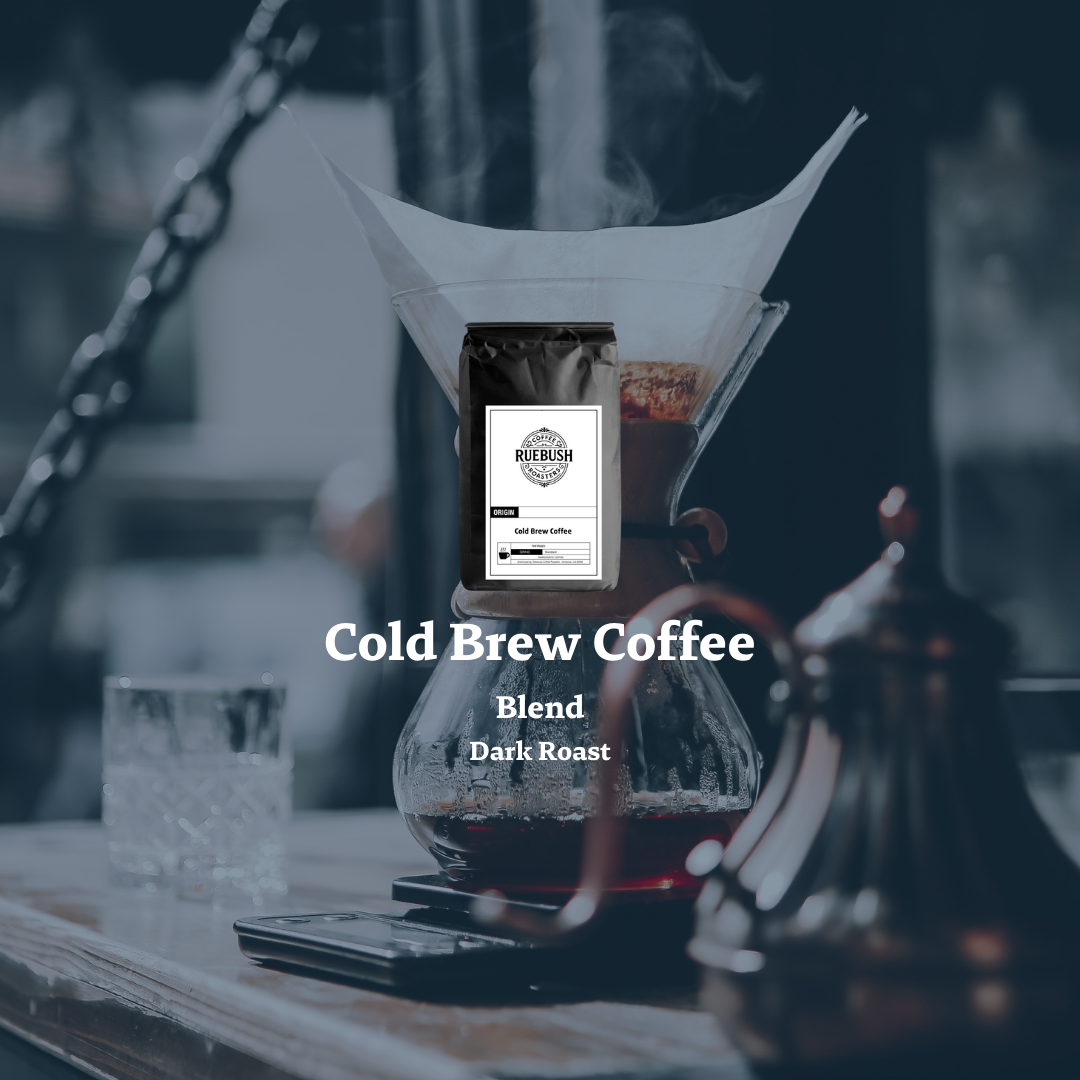 Cold brew coffee setup with a bag of coffee and a coffee maker on a blurred background