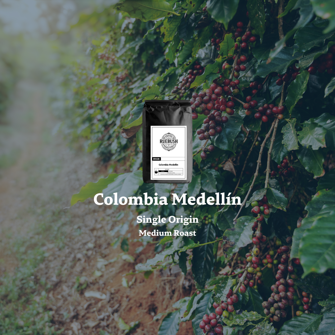 Coffee cherries on a tree with text saying Colombia Medellín Single Origin Medium Roast