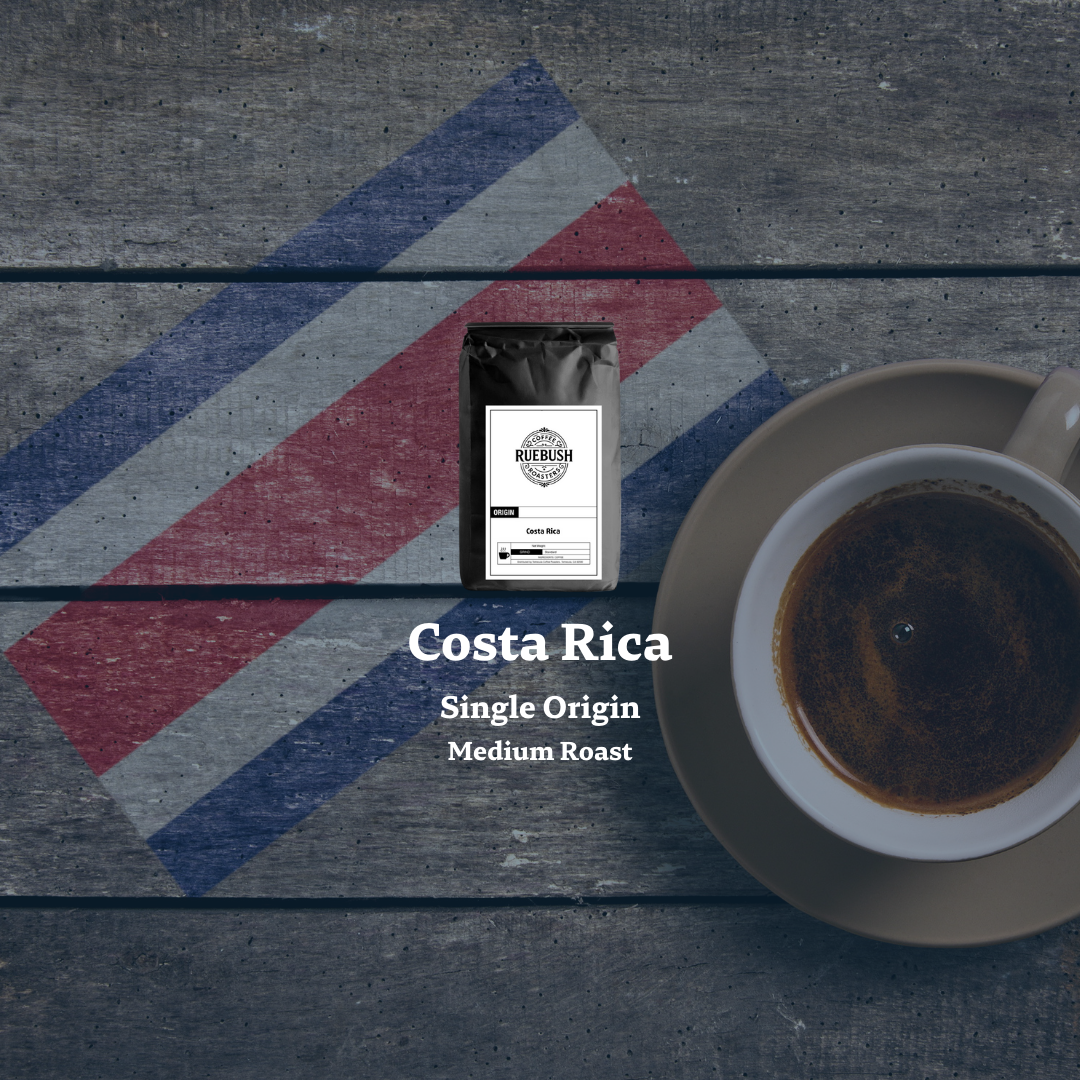 Coffee cup with Costa Rica coffee label on a wooden surface and text saying single origin and medium roast
