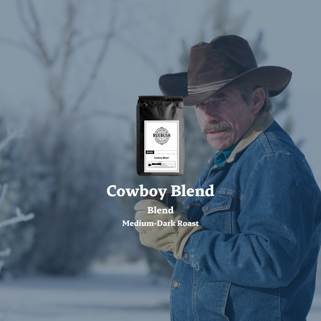 Man in cowboy hat and denim jacket holding a coffee bag labeled Cowboy Blend in a snowy landscape