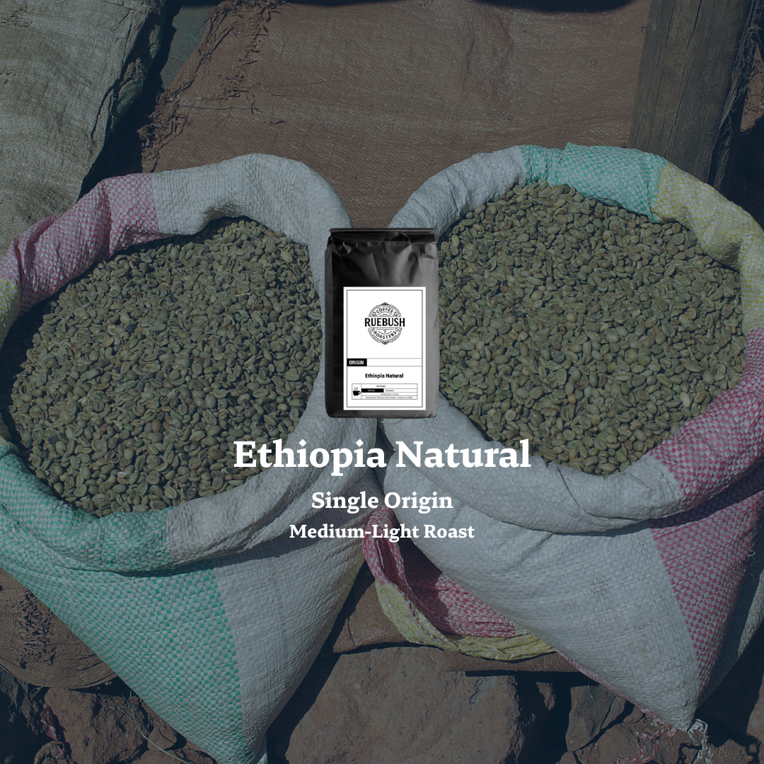 Two bags of Ethiopia Natural coffee with text indicating single origin and medium-light roast level