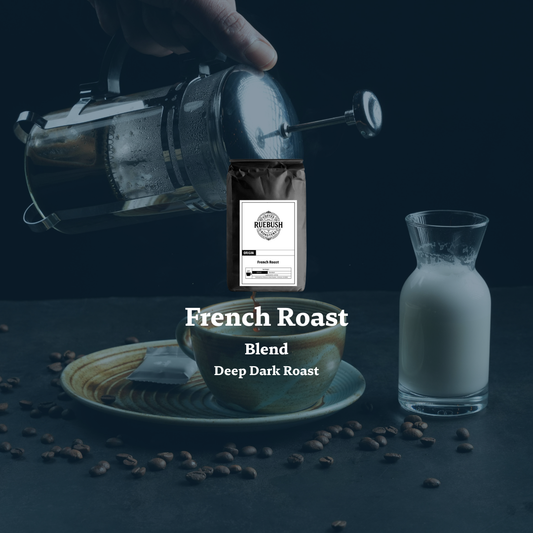 French roast coffee blend with a cup, milk jar, and coffee beans on a dark background