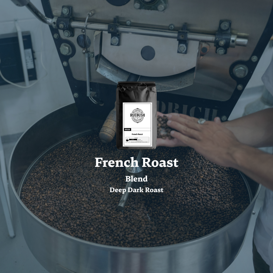 Coffee roasting process with a bag of French Roast Blend in front of a roaster