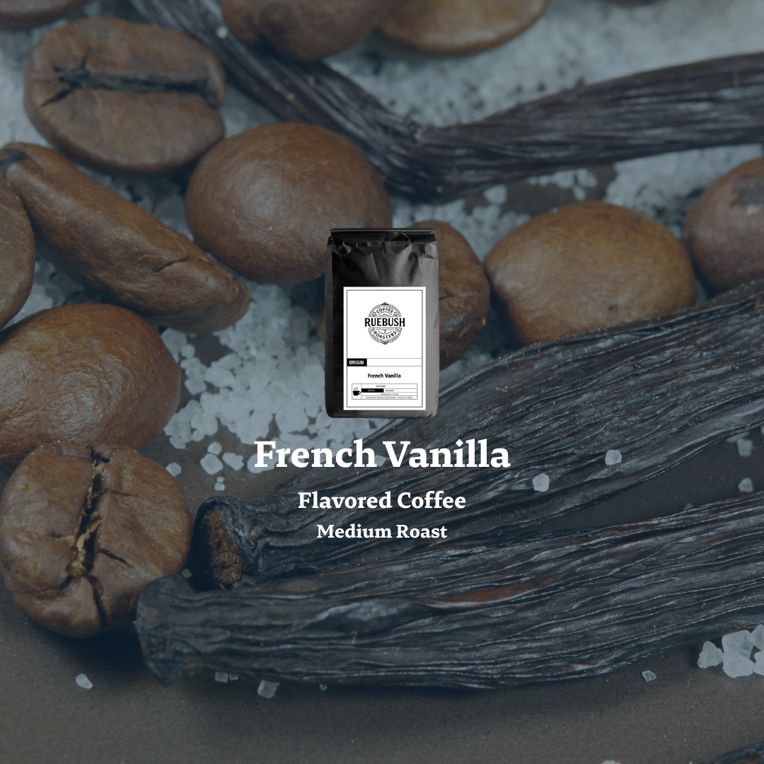 French Vanilla flavored coffee package with coffee beans and vanilla pods on a dark background