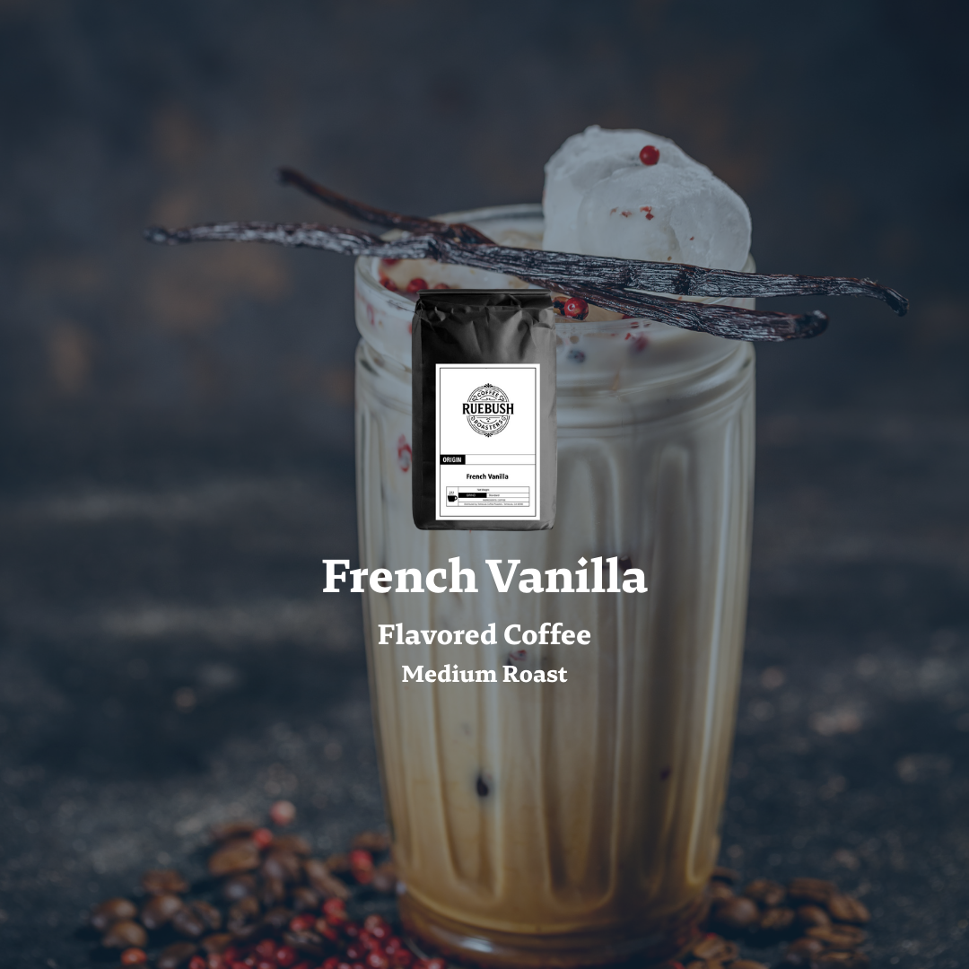 French Vanilla flavored coffee with whipped cream and a Ruebush Coffee bag on a dark background