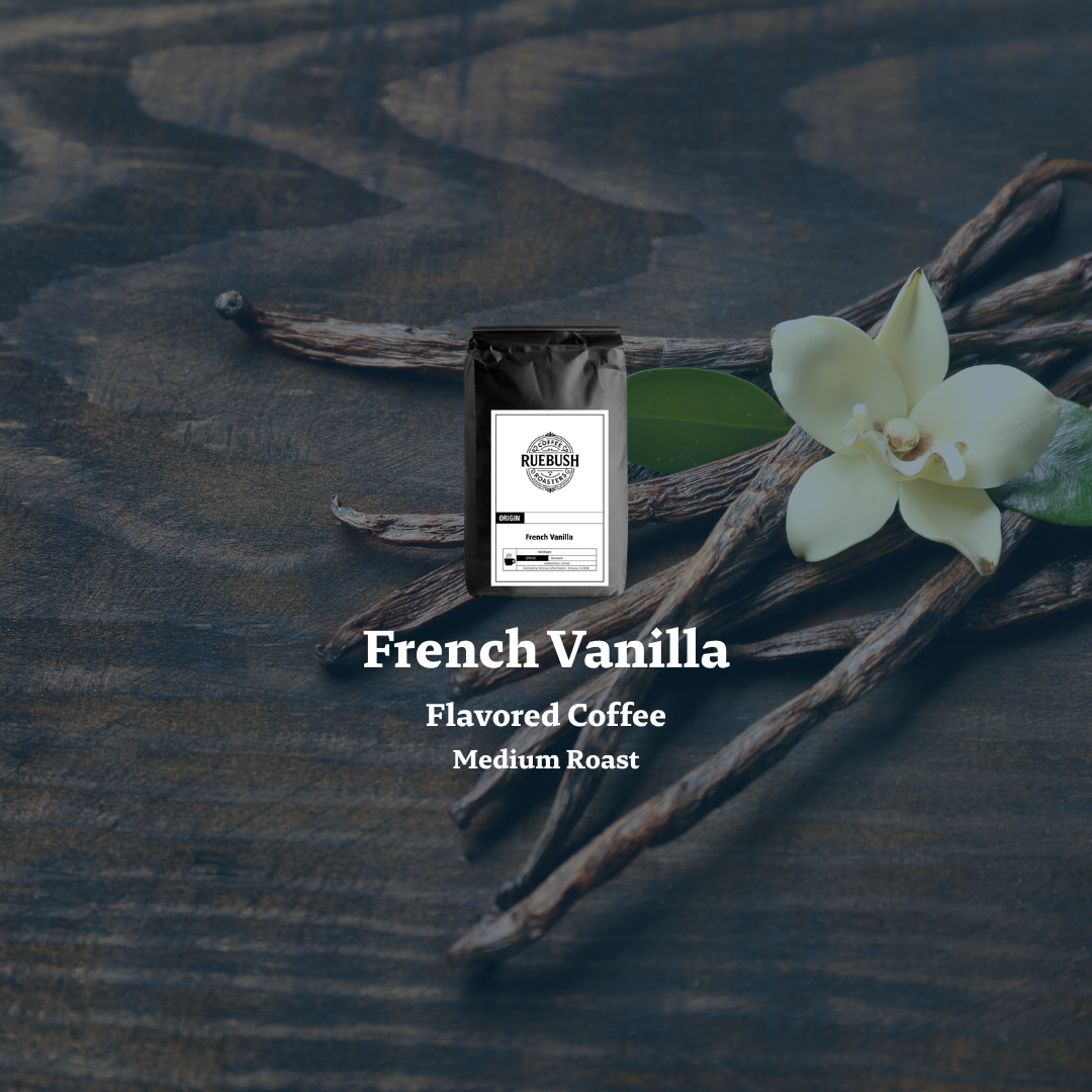 French Vanilla flavored coffee package with vanilla beans and a flower on a dark background