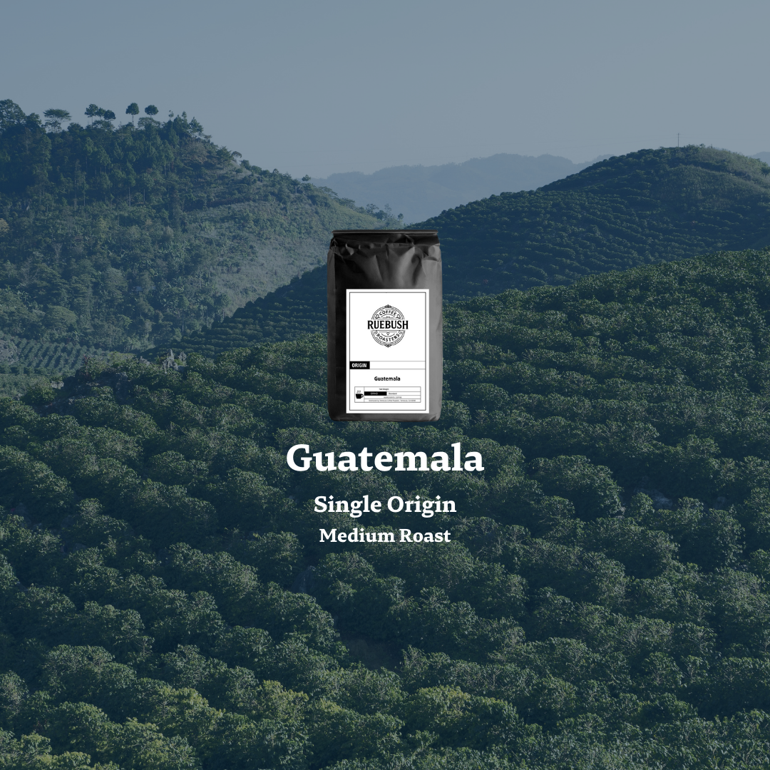 Hilly landscape with coffee plants in Guatemala and Single Origin Medium Roast text overlay