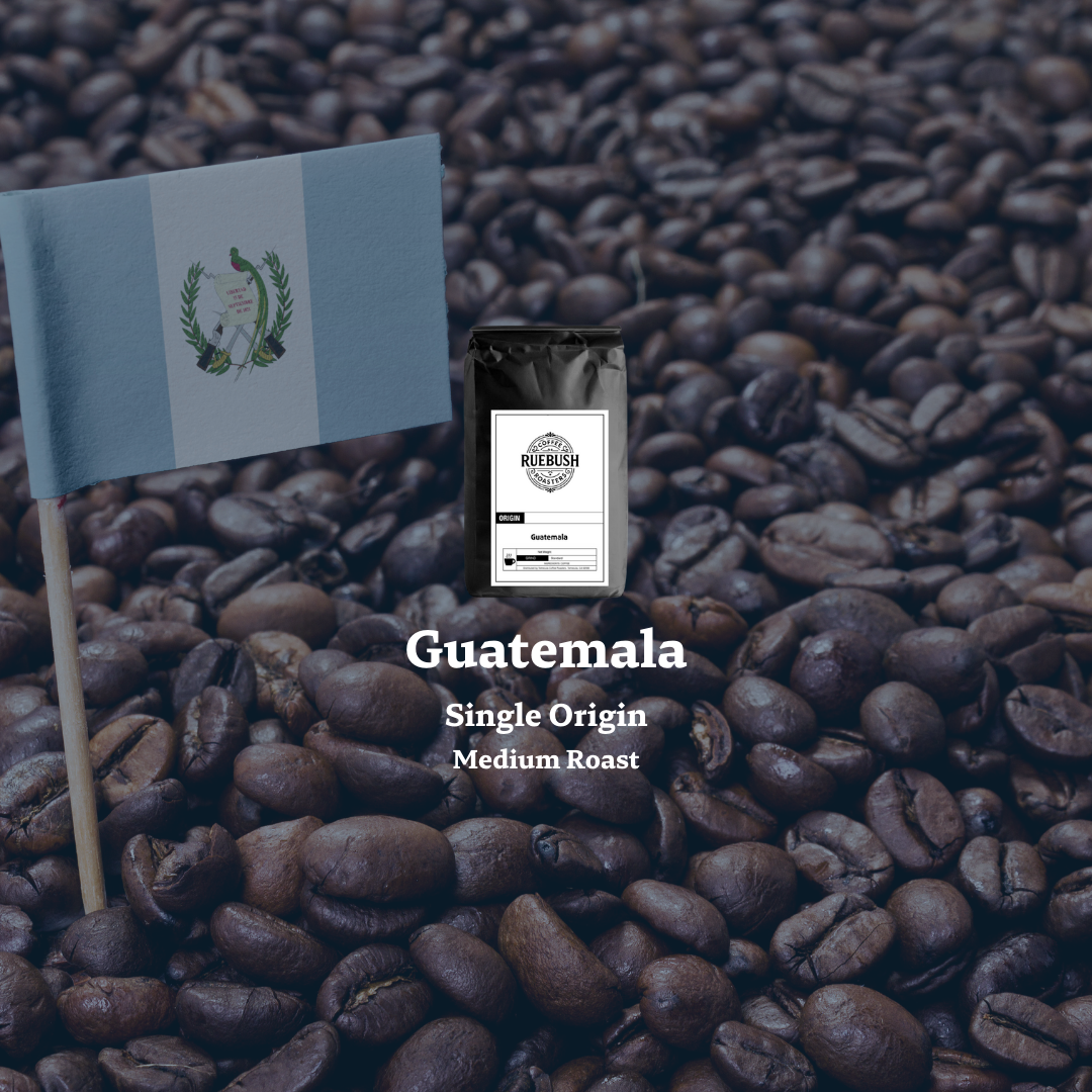 Guatemala coffee beans with a small flag and text indicating single origin and medium roast