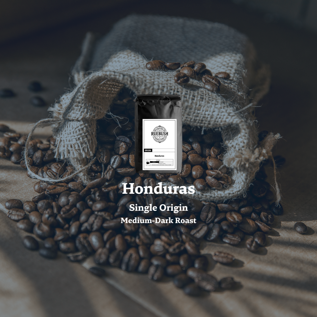 Coffee bag labeled Honduras Single Origin Medium-Dark Roast with coffee beans on a dark background