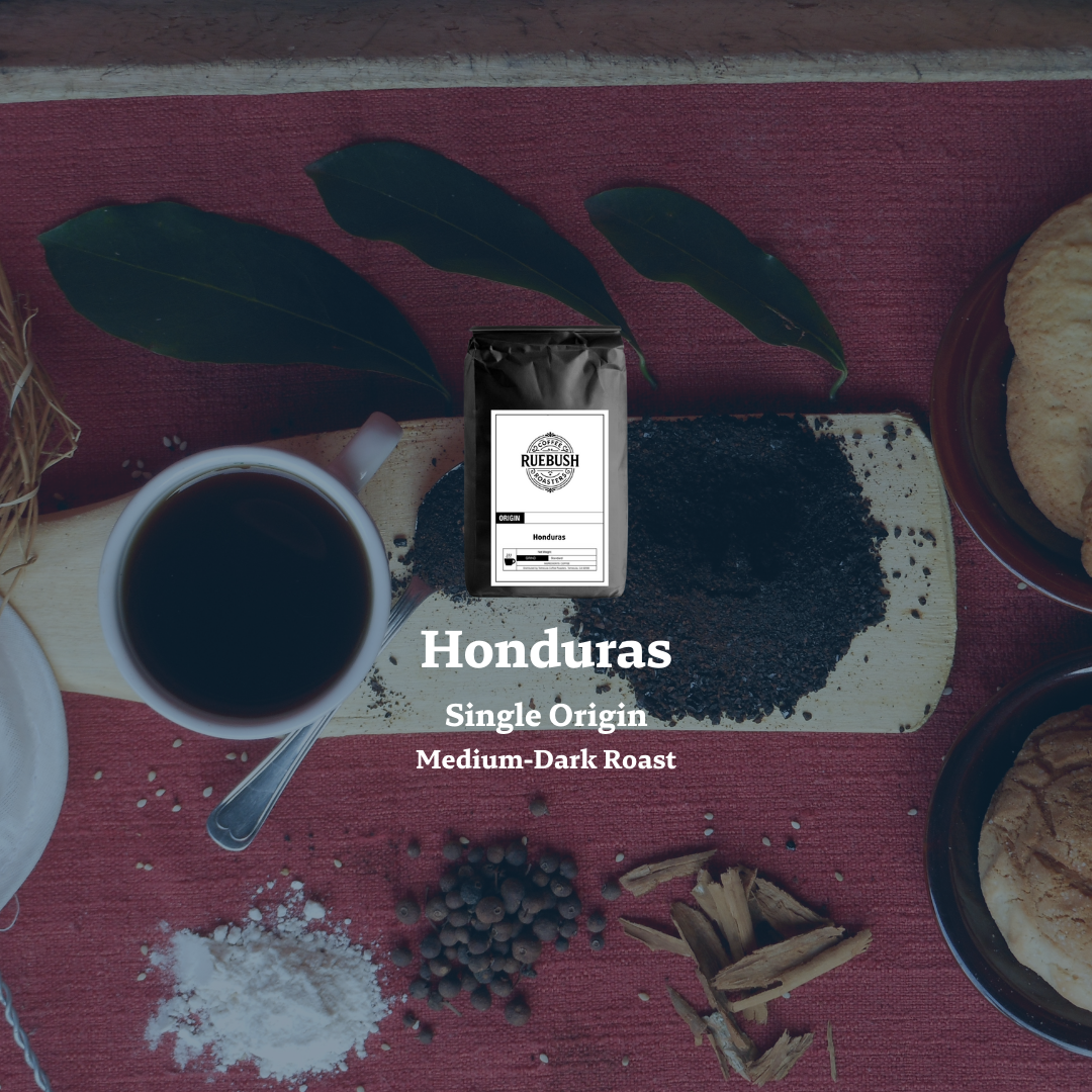 Honduras single origin coffee package with a cup of coffee on a red surface.