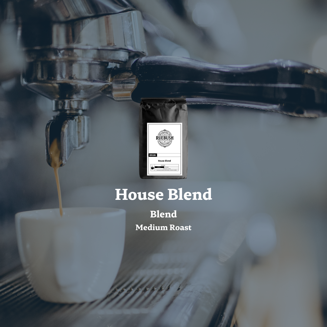 Espresso machine with a coffee bag labeled House Blend and Medium Roast
