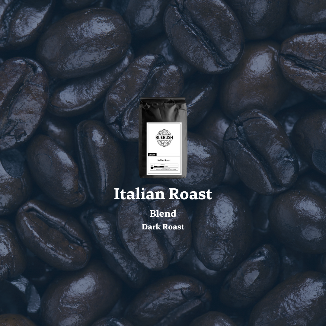 Coffee beans with a coffee bag labeled Italian Roast Blend Dark Roast on a dark background