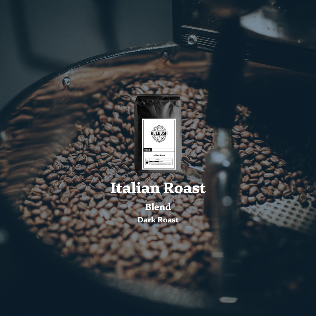 Coffee grinder with coffee beans and a package labeled Italian Roast Blend Dark Roast on a dark background