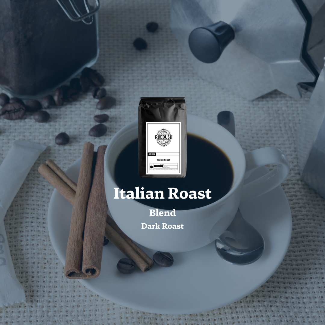 Cup of coffee with Italian Roast blend packaging, cinnamon sticks, and coffee beans on a textured surface