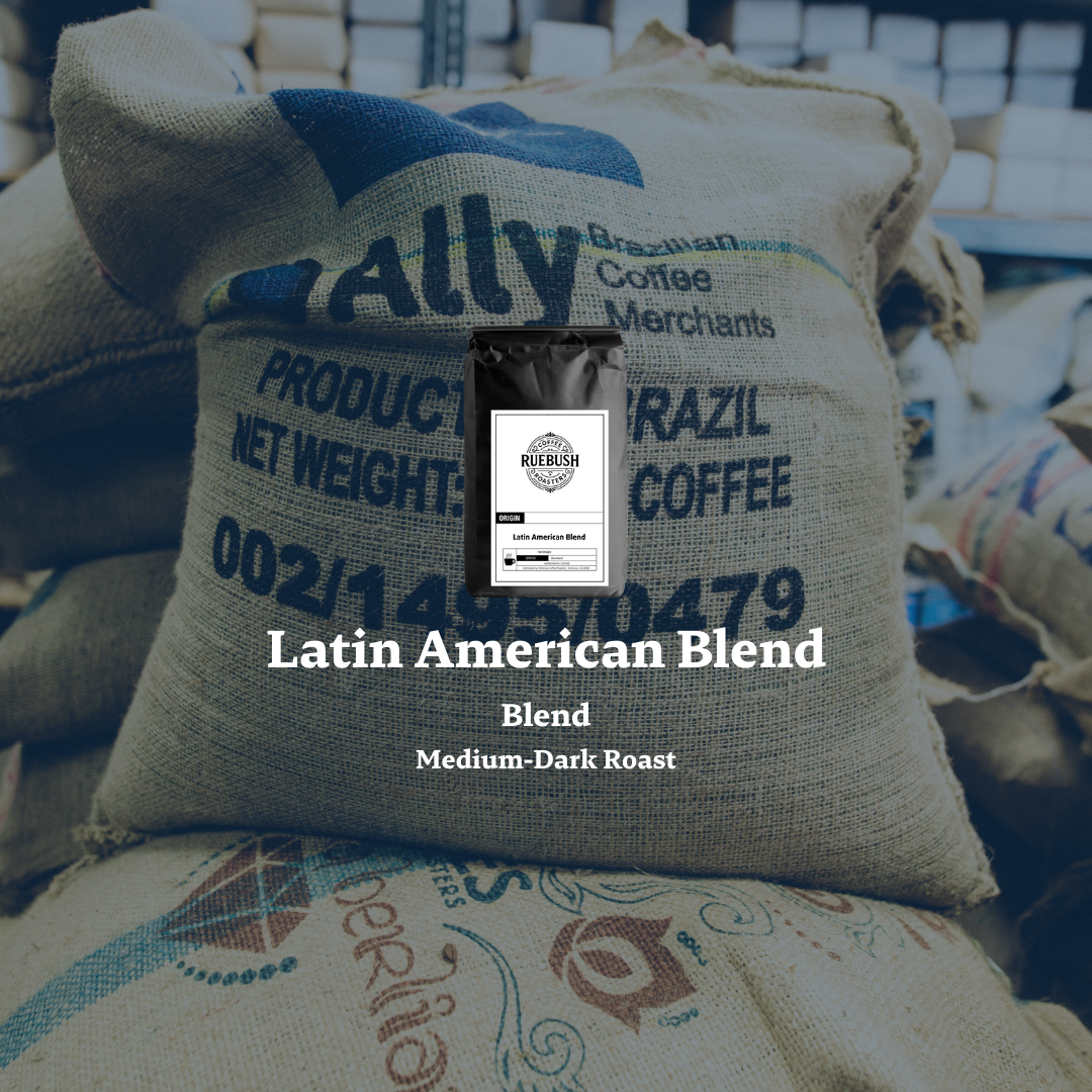 Coffee bag with a coffee bean package labeled Latin American Blend on top