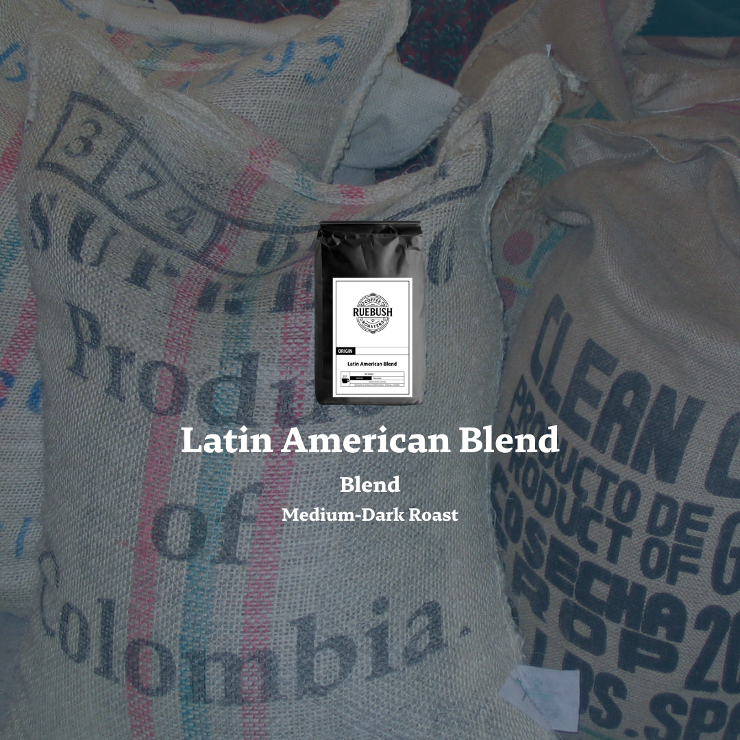 Coffee bag labeled Latin American Blend with visible text on a textured background