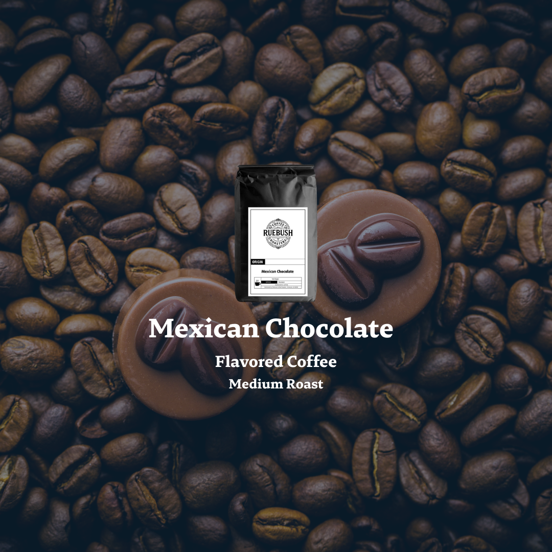 Mexican Chocolate Flavored Coffee package surrounded by coffee beans