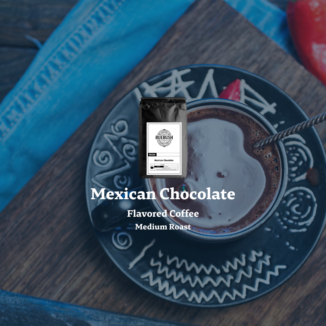 Mexican Chocolate Flavored Coffee package on a cup of coffee with a spoon