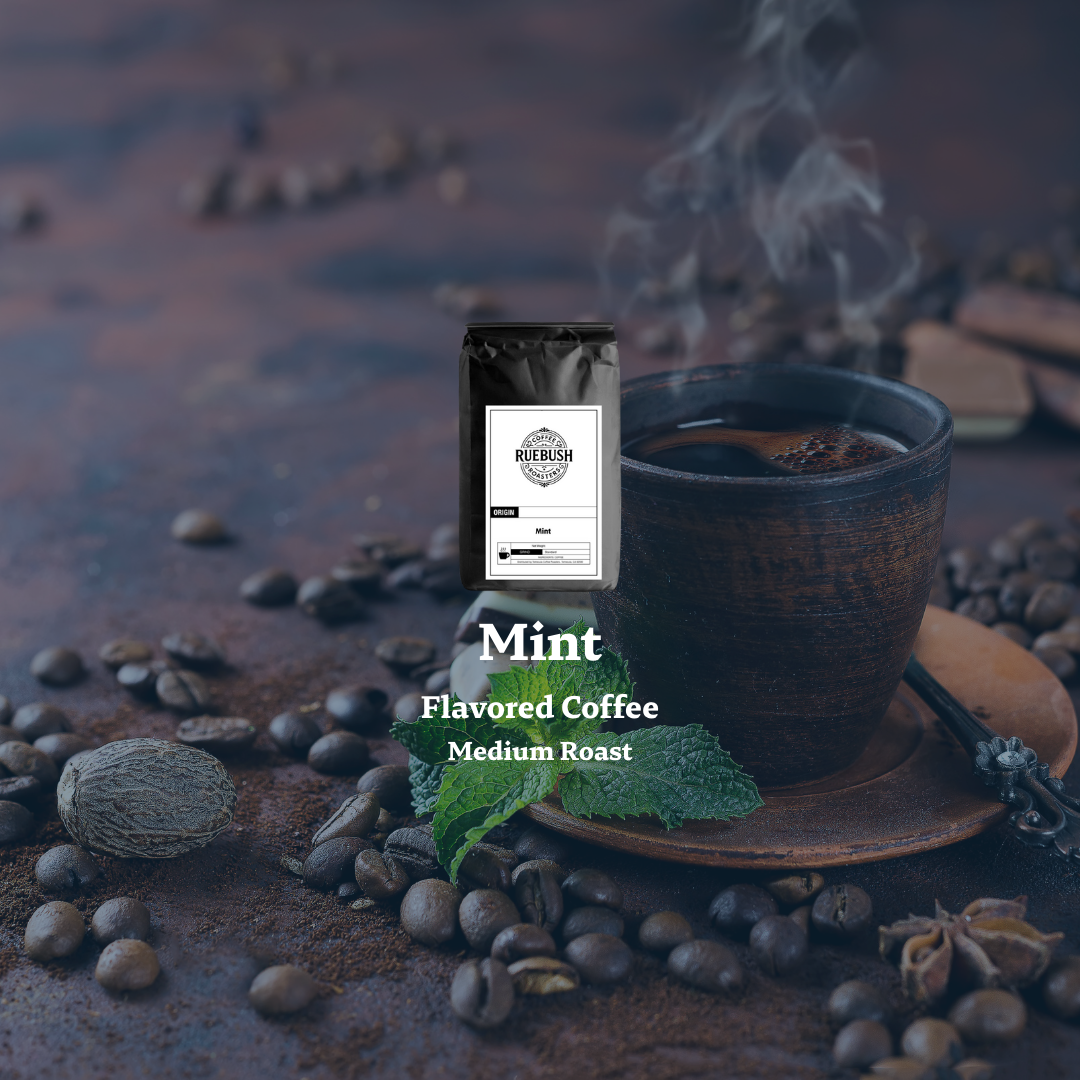 Mint flavored coffee package with a cup of coffee and coffee beans on a dark background