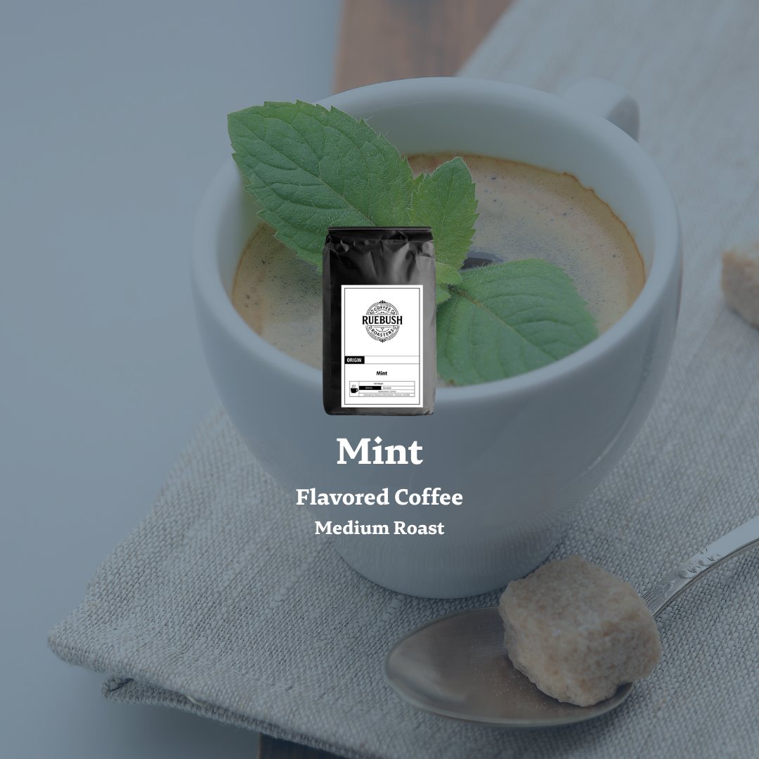 Mint flavored coffee with a package labeled Mint Flavored Coffee Medium Roast on a white cup
