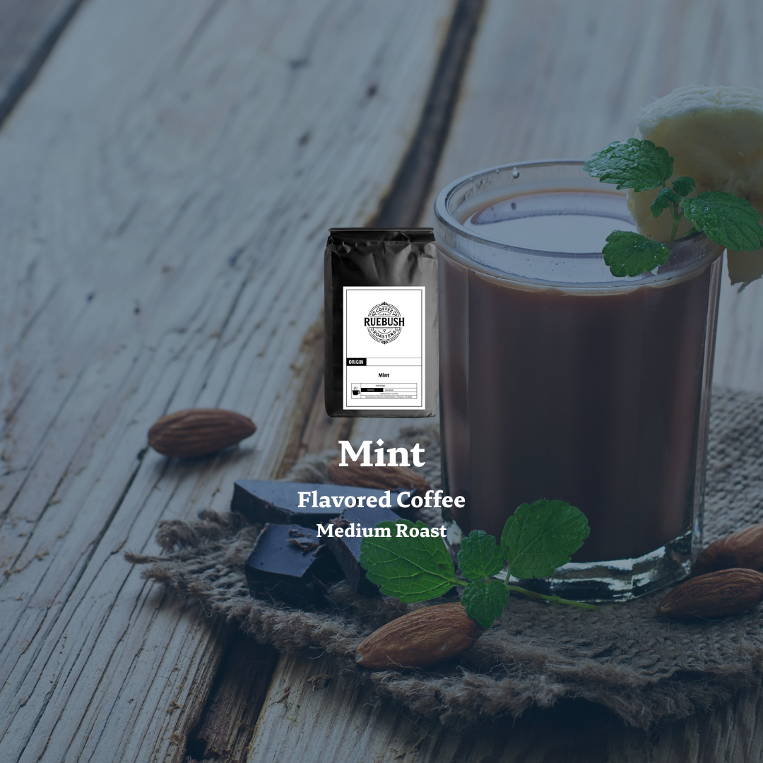Mint flavored coffee with a coffee package on a wooden surface