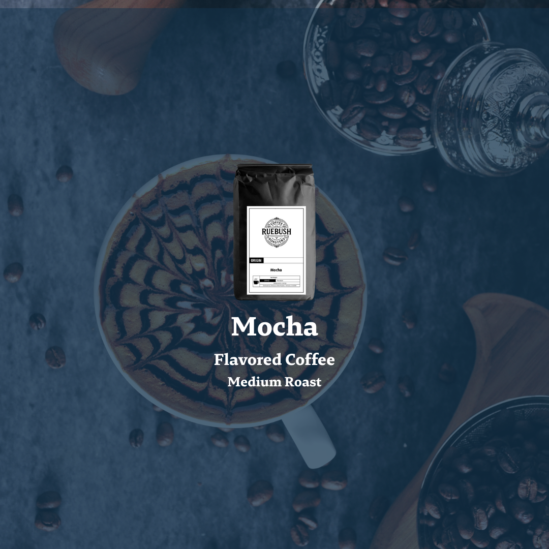 Mocha flavored coffee package on a blue background with coffee beans and a coffee cup