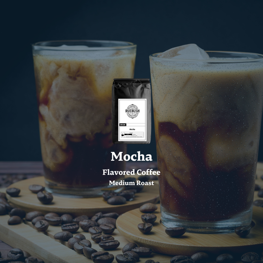 Two glasses of iced mocha coffee with a package of Mocha Flavored Coffee Medium Roast in the center