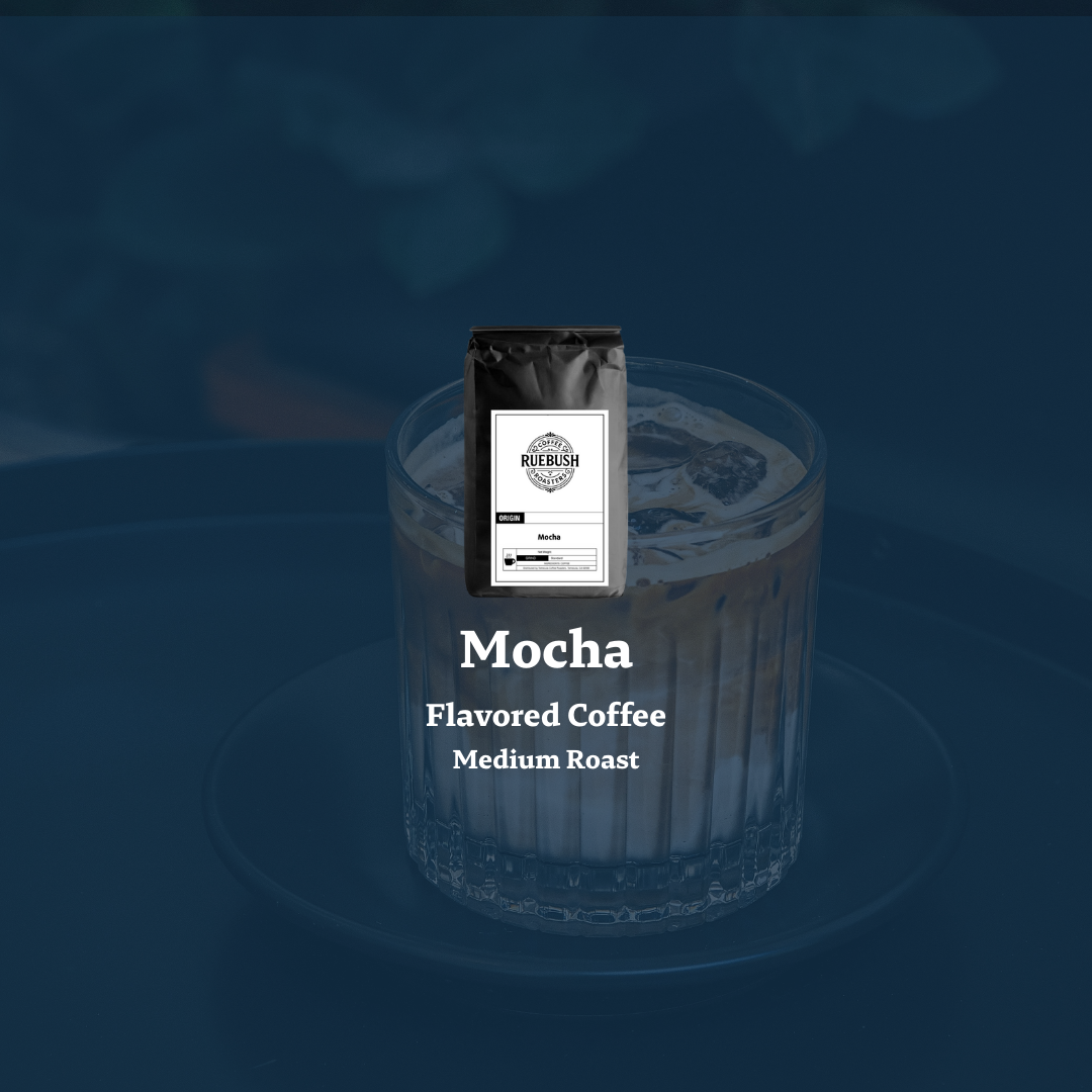 Mocha flavored coffee package with a glass of coffee on a dark background