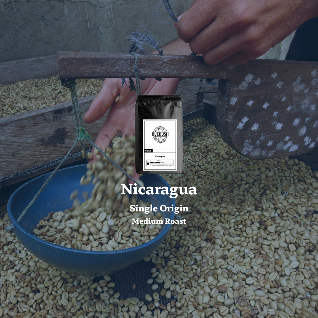 Person sorting coffee beans with a blue bowl and a bag labeled Nicaragua Single Origin Medium Roast in the foreground
